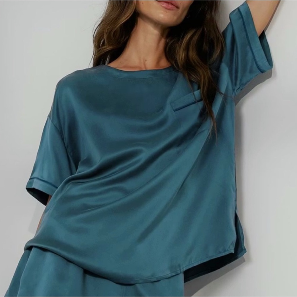 LUNYA BNWT Washable Silk Piped TEE ONLY in Piquant Teal Size XL